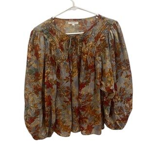 Maurices Floral Metallic Smocked Multi colored Leaves Peasant Blouse Size Large